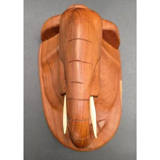 Photo of Vintage Hand Carved Wood Elephant Set Wall Hanging Plaque & Mantel Figurine Art