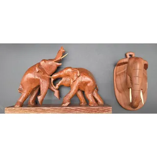Photo of Vintage Hand Carved Wood Elephant Set Wall Hanging Plaque & Mantel Figurine Art