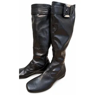 Photo of Franco Sarto Black Leather Knee High Wedge Boots Silver Buckle 7.5 NWOT