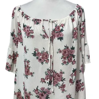 Photo of West Kei Floral Blouse 3/4 Sleeves Boat Neck Adjustable Tie Women's White M NWOT