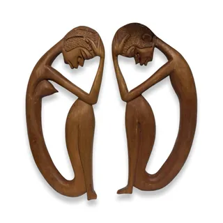 Photo of Vintage Pair Hand Carved Wood Thinking Figures 12” MCM Boho Folk Art Decor