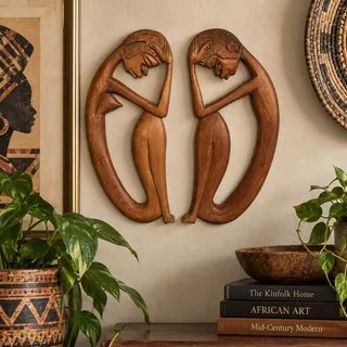 Photo of Vintage Pair Hand Carved Wood Thinking Figures 12” MCM Boho Folk Art Decor