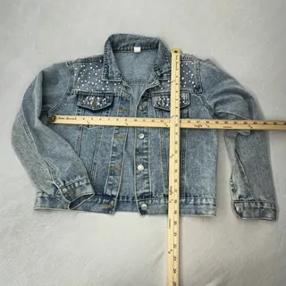 Photo of Faux Pearl Embellished Denim Jacket Acid Wash Trucker Fits M