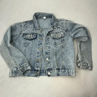 Photo of Faux Pearl Embellished Denim Jacket Acid Wash Trucker Fits M
