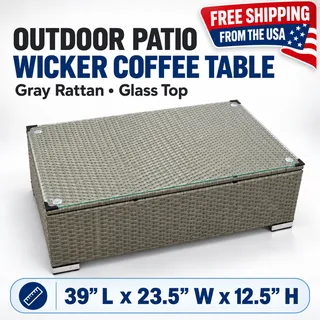 Photo of Outdoor Patio Wicker Coffee Table Gray Glass Top Rattan Low Profile 39x23.5x12.5