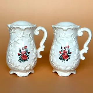Photo of Vintage Enesco Ceramic Pitcher Salt & Pepper Shakers Red Rose Floral White