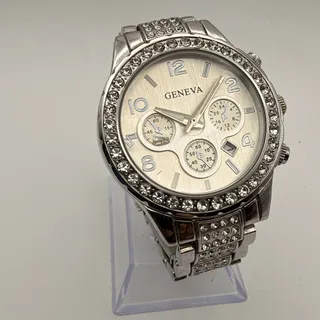 Photo of Stunning Geneva 1752 Silver-Tone Rhinestone Fashion Watch Working New Battery