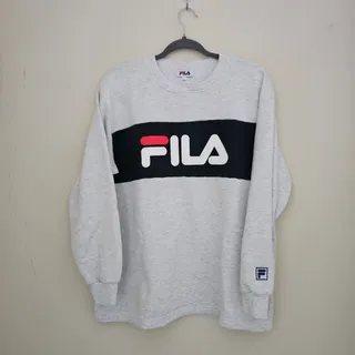 Photo of FILA Men's L Gray Black Colorblock Long Sleeve Pullover Shirt Logo - Small Hole