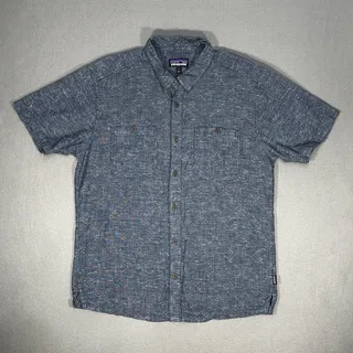 Photo of Patagonia Hemp Organic Cotton Shirt Men’s Large Blue Pattern Short Sleeve