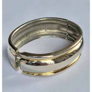 Photo of Silver Gold 2-Tone Hinged Bangle Wide Bracelet Men Women