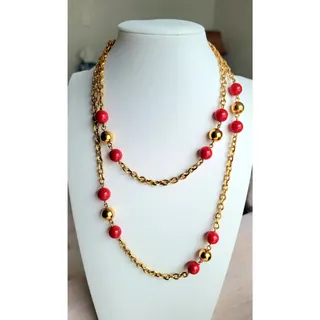 Photo of Vintage Monet 35” Long Station Necklace Red & Gold Beads