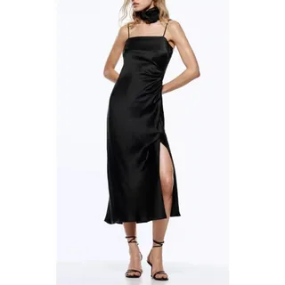 Photo of ZARA Satin Slip Midi Dress Ruched Sleeveless Square Neck Stretch Black Womens L
