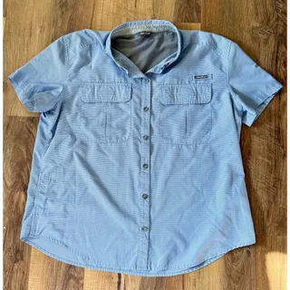 Photo of Eddie Bauer Button Up Shirt Women's XL Blue Short Sleeve Hiking Outdoor, EUC