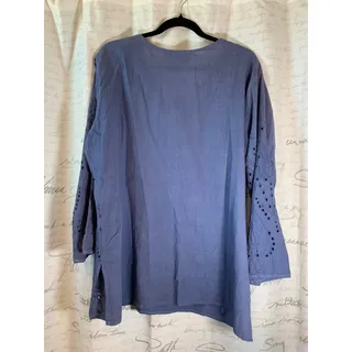 Photo of SR Fashion Blue Eyelet Cotton Boho Embroidered 3/4 Sleeve Blouse Top Size XL