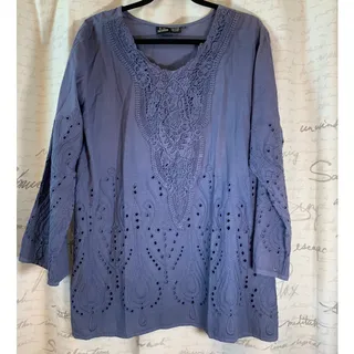 Photo of SR Fashion Blue Eyelet Cotton Boho Embroidered 3/4 Sleeve Blouse Top Size XL