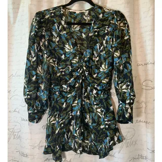 Photo of Veronica Beard Size 6 Silk Floral Blouse Long Sleeve Gathered Peplum Front Top