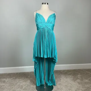 Photo of Mac Duggal 77007 Blue Cocktail Dress Pleated Satin Beaded High Low Hem Size 14W