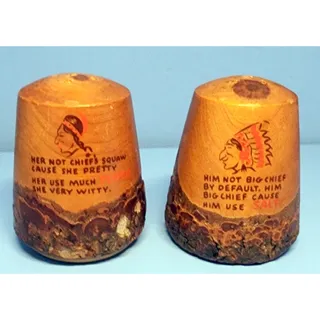 Photo of Live Edge Wood Carved Native American Salt & Pepper Shakers Chief Squaw Souvenir