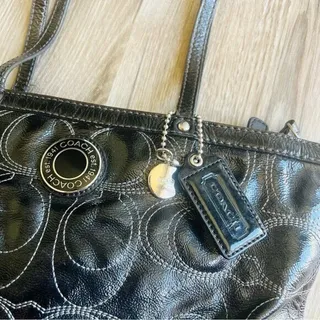 Photo of Coach Signature Stitch C Black Patent Leather Tote Shoulder Bag F19198