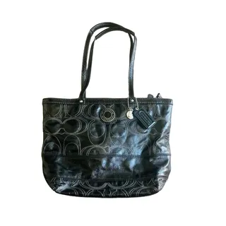 Photo of Coach Signature Stitch C Black Patent Leather Tote Shoulder Bag F19198