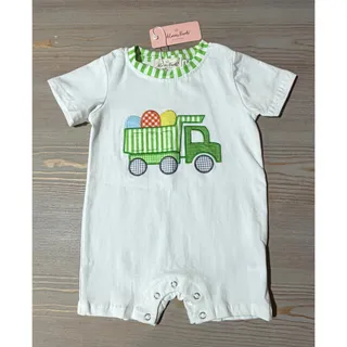 Photo of NEW Marie Nicole "Green Striped Easter Egg Truck" Johnny Romper (Size 12-18M) 