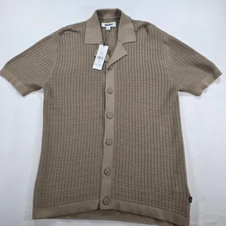 Photo of DKNY Men’s Grid Sweater Camp Shirt Cafe Brown NWT Size S