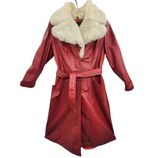 Photo of Vintage 70s Red Leather Faux Fur Collar Belted Trench Coat