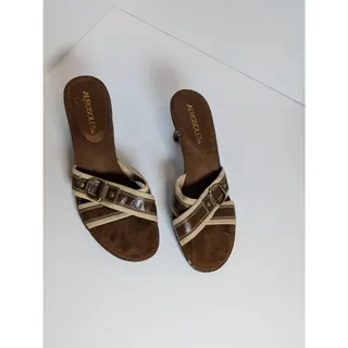 Photo of Aerosoles Womens 6.5M Brown Canvas Faux Leather Buckled Heeled Mule Sandals Y2K