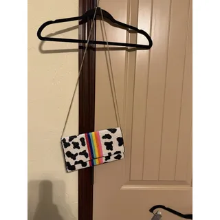 Photo of Fun Small Purse Cow Print Beaded with Rainbow Gold Chain Strap