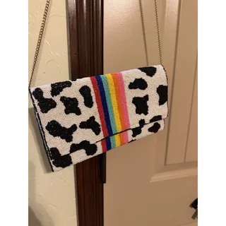 Photo of Fun Small Purse Cow Print Beaded with Rainbow Gold Chain Strap
