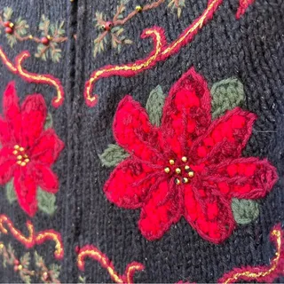 Photo of Vintage poinsettia embroidered zipper front ugly holiday Christmas cardigan MEDIUM