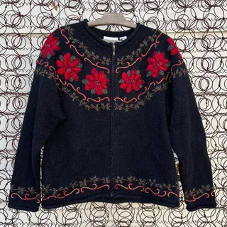 Photo of Vintage poinsettia embroidered zipper front ugly holiday Christmas cardigan MEDIUM