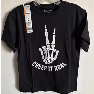 Photo of "Creep It Real" Youth Crew Neck Graphic Tee Sz M Black Skeleton Hand 100% Cotton