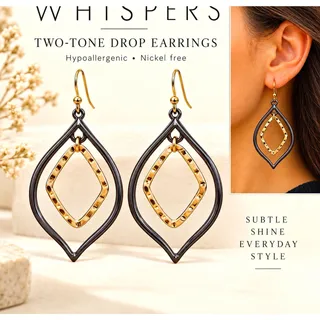Photo of Whispers Two-Tone Teardrop Drop Earrings - Gold/Black, Hypoallergenic Hook