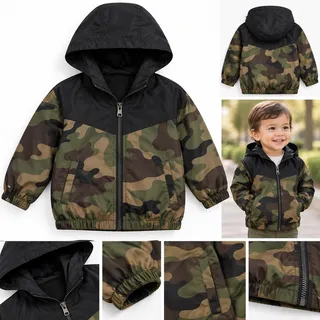 Photo of WAPYPY Toddler Camo Windbreaker Jacket 18M | Black Hooded Colorblock Coat