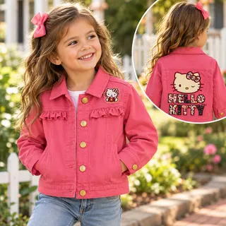 Photo of Hello Kitty Girls Pink Denim Jacket Size 5 | Y2K Sanrio Kawaii Retro Ruffle