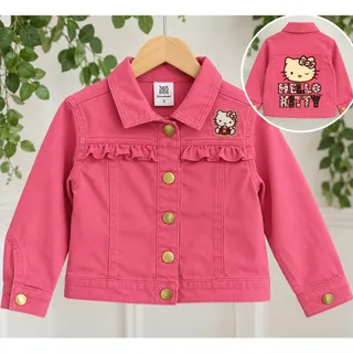 Photo of Hello Kitty Girls Pink Denim Jacket Size 5 | Y2K Sanrio Kawaii Retro Ruffle