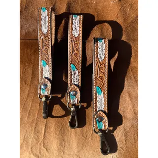 Photo of Tooled Leather Western Feather Wrist Strap Keychain | Hand-Tooled & Hand-Painted
