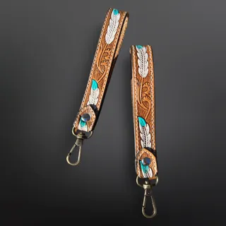 Photo of Tooled Leather Western Feather Wrist Strap Keychain | Hand-Tooled & Hand-Painted