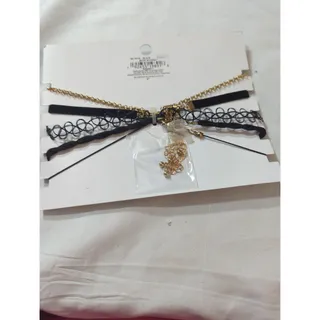 Photo of 5 pack choker one gold chain choker one black choker with gold lighting charm one black plastic choker circle design one black twist choker one black thin choker with white rhinestone charm
