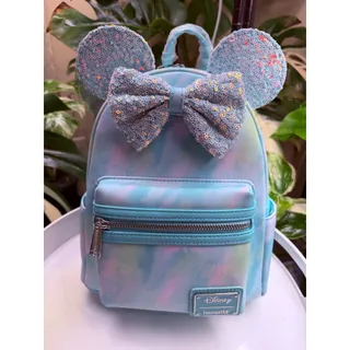 Photo of Loungefly Disney Minnie Mouse Sequin Bow Watercolor Mini Backpack Ears NWT