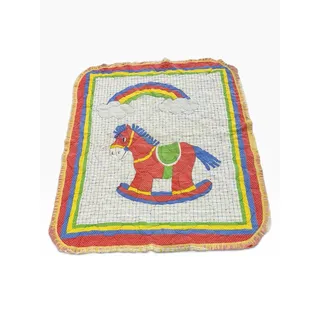 Photo of Vintage Noah’s Ark Baby Quilt Blanket 36x24 Nursery Animals Rainbow Ruffle Trim