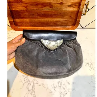 Photo of vintage grey suede black leather clutch bag silver-tone metal floral accent 80s