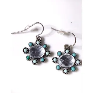 Photo of Restored Turquoise Tone & Rhinestone Flower Dangle Earrings