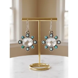 Photo of Restored Turquoise Tone & Rhinestone Flower Dangle Earrings