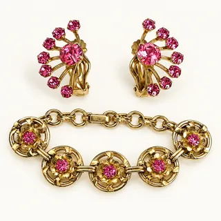 Photo of Vintage 1950s Pink Rhinestone Clip Earrings & Floral Bracelet Set