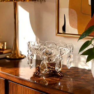 Photo of Loevsky & Loevsky crystal compote centerpiece bowl glass prisms gold base 1973