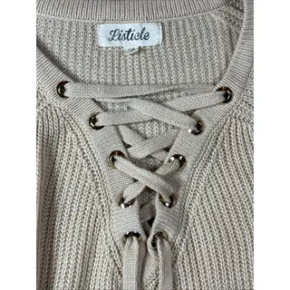 Photo of Listicle Rib Knit Grommets Lace Up V neck Beige Sweater Women Large Mohair Blend