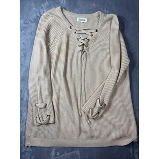 Photo of Listicle Rib Knit Grommets Lace Up V neck Beige Sweater Women Large Mohair Blend