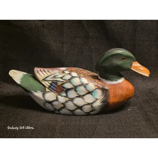 Photo of Vintage Carved Wood Mallard Duck Decoy Painted Glass Eyes Rustic Decor